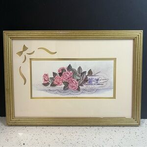 VINTAGE 1990 Gold Wood Frame Bow Cutout Mat | Pink Roses and Blue & White Teacup